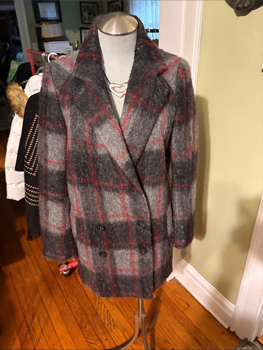 Fifteen Twenty Gray Plaid Double-Breasted Wool Coat with Red Windowpane